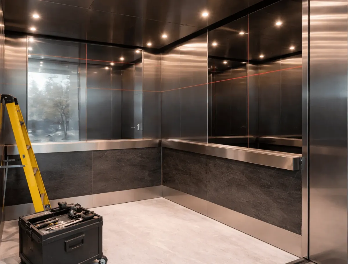 Luxury back-lit elevator mirrors adding a sophisticated glow to a lift interior.