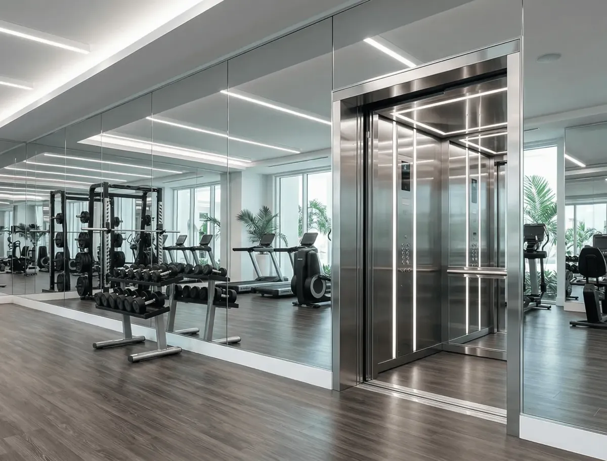 Professional gym mirrors installed in a large franchise fitness center layout