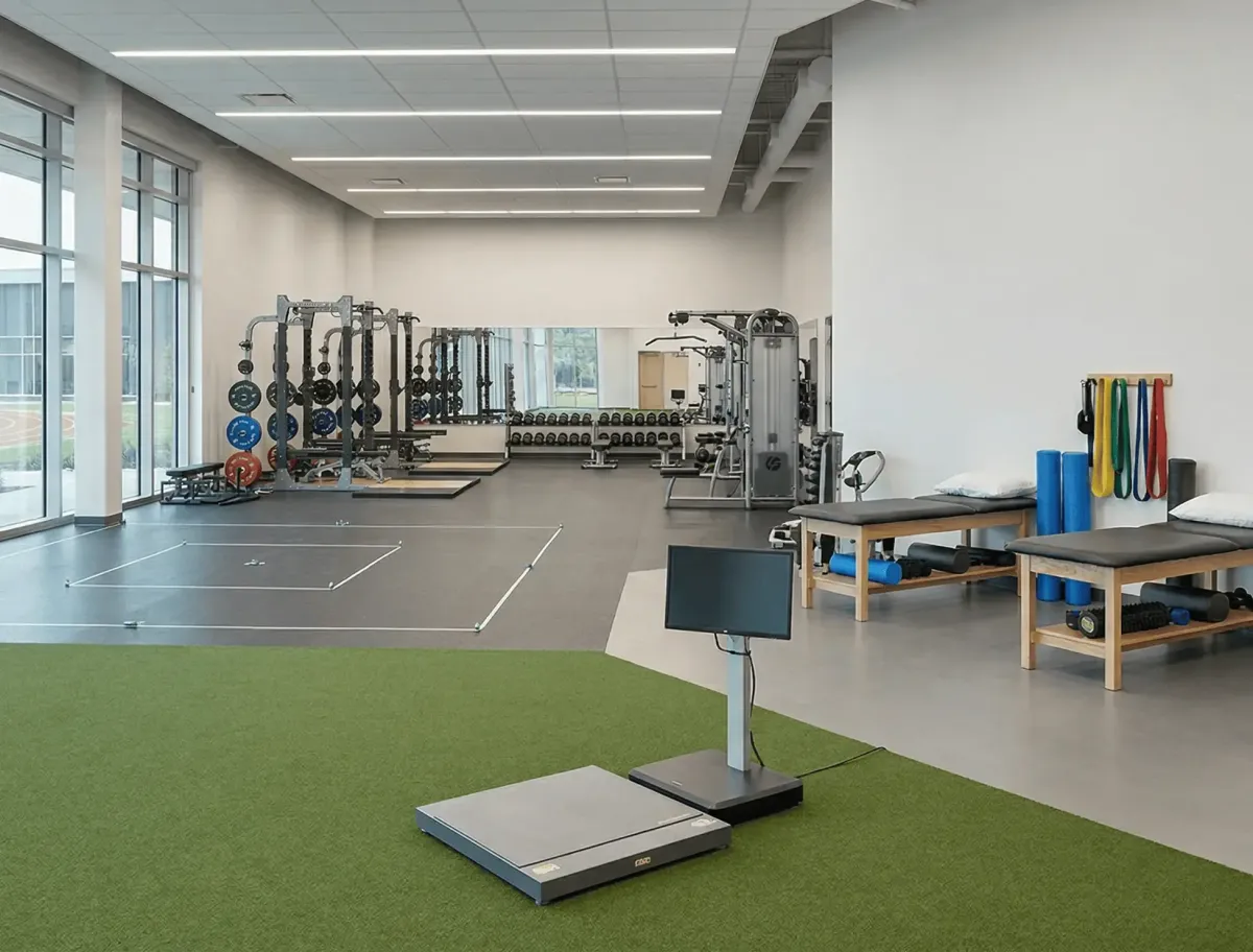 High-quality gym mirrors installed in an athletic performance and rehabilitation clinic