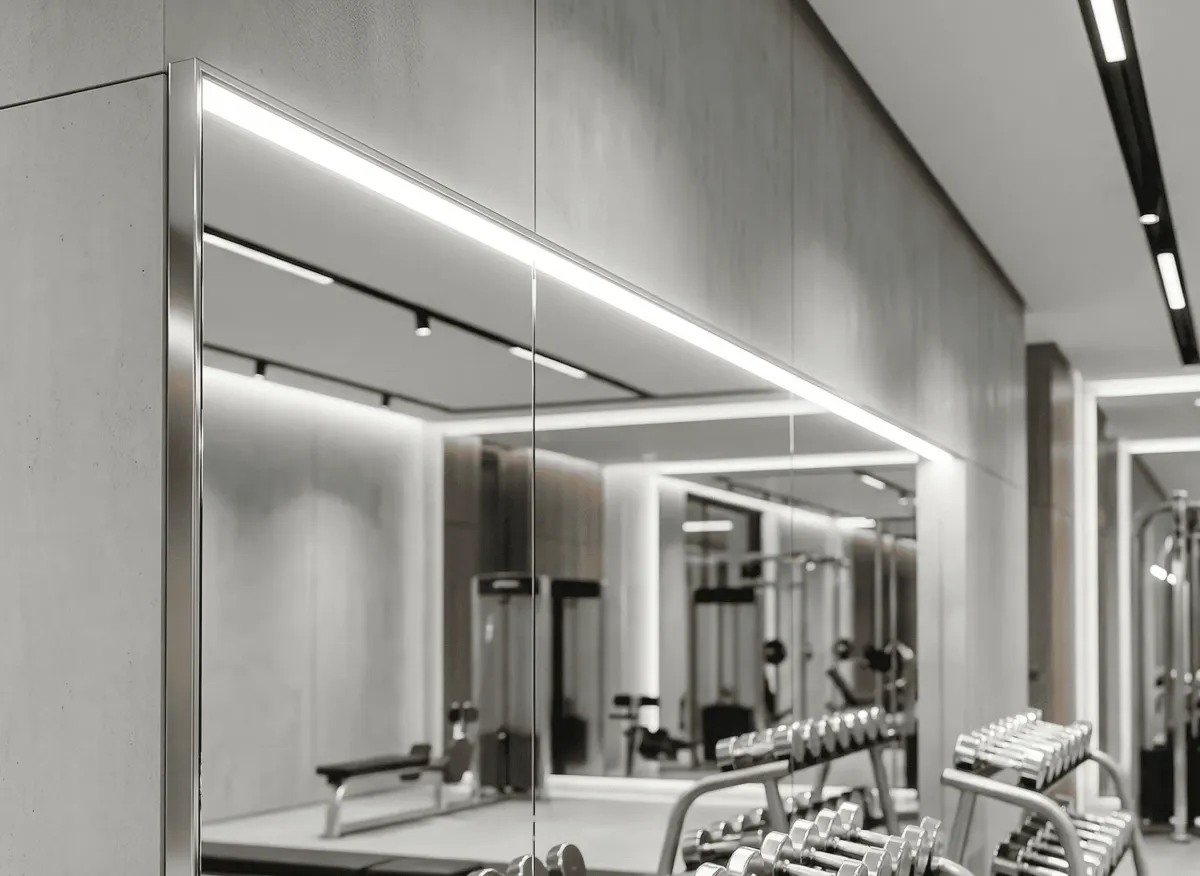 Final quality inspection of commercial gym mirrors in a completed Florida fitness facility