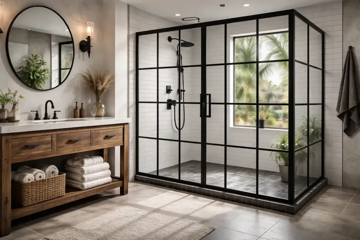 Black grid shower doors