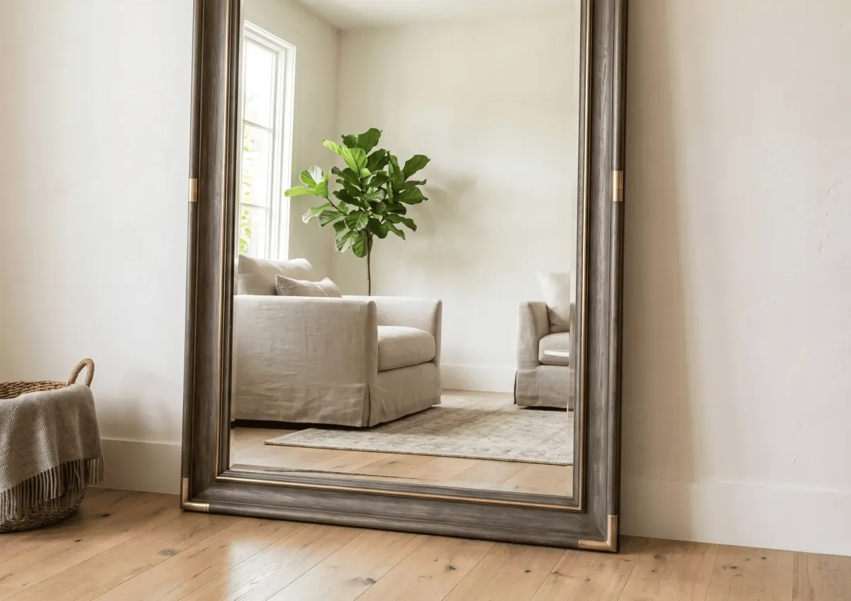 Modern leaning free-standing floor mirror near me for a relaxed bedroom vibe