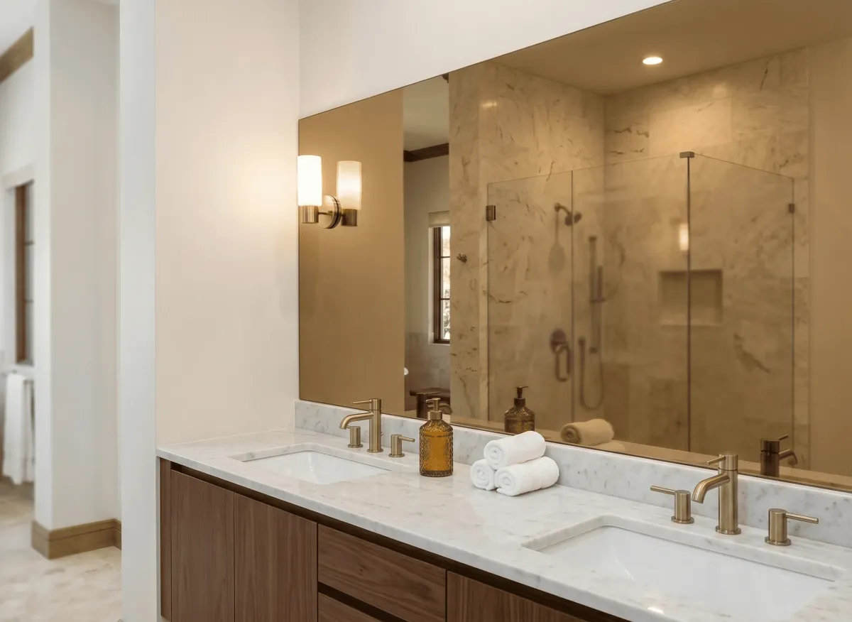 Custom tinted bathroom mirrors providing a sophisticated aesthetic