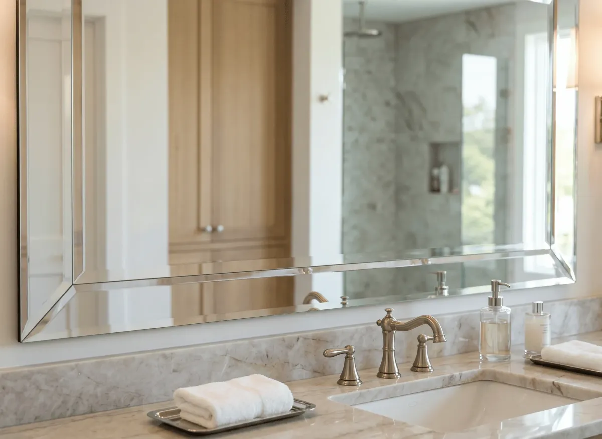 Elegant beveled edge bathroom mirrors for a luxury master suite in Naples
