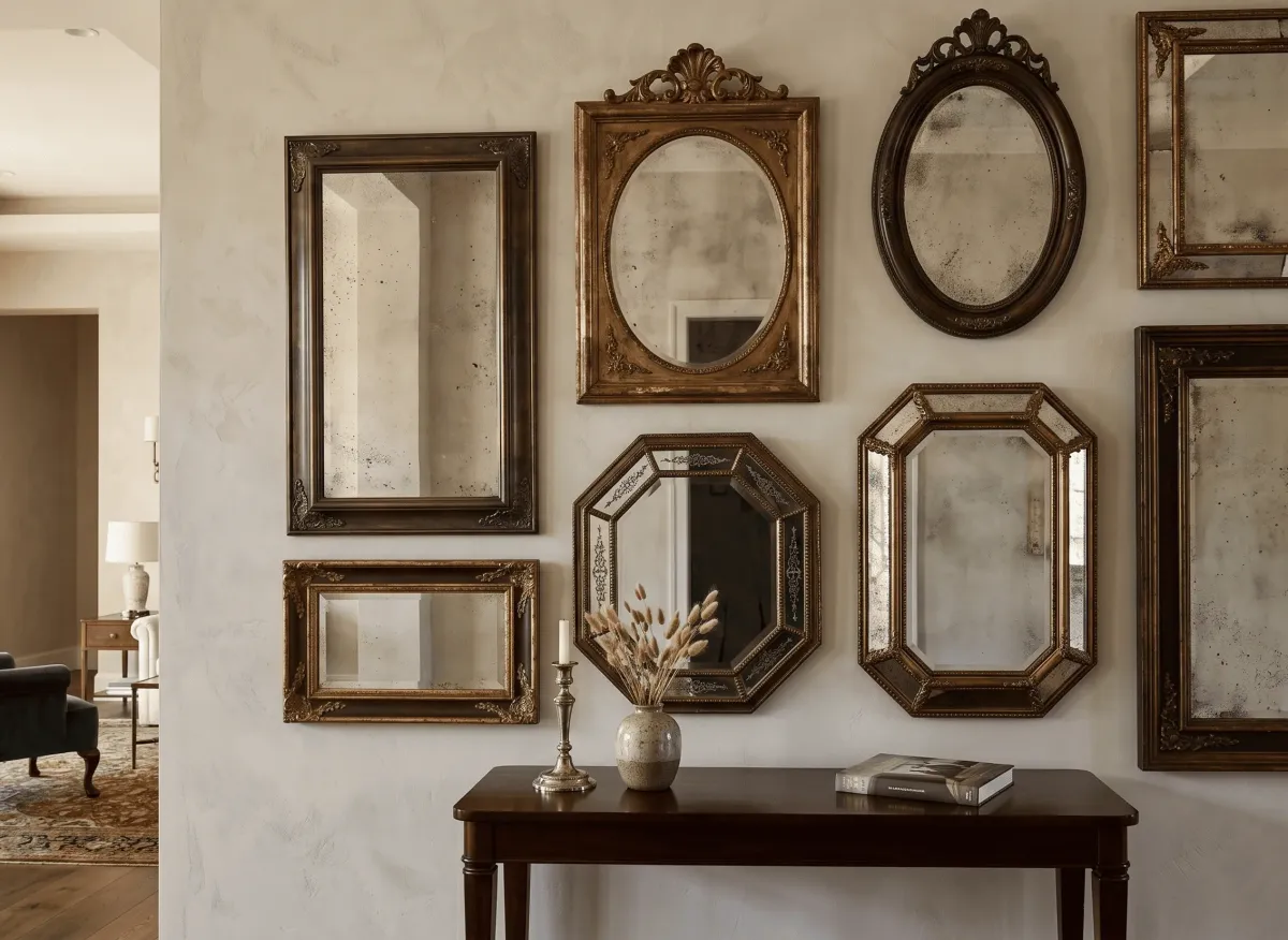 A collection of antique decorative mirrors with ornate frames in a Naples residence