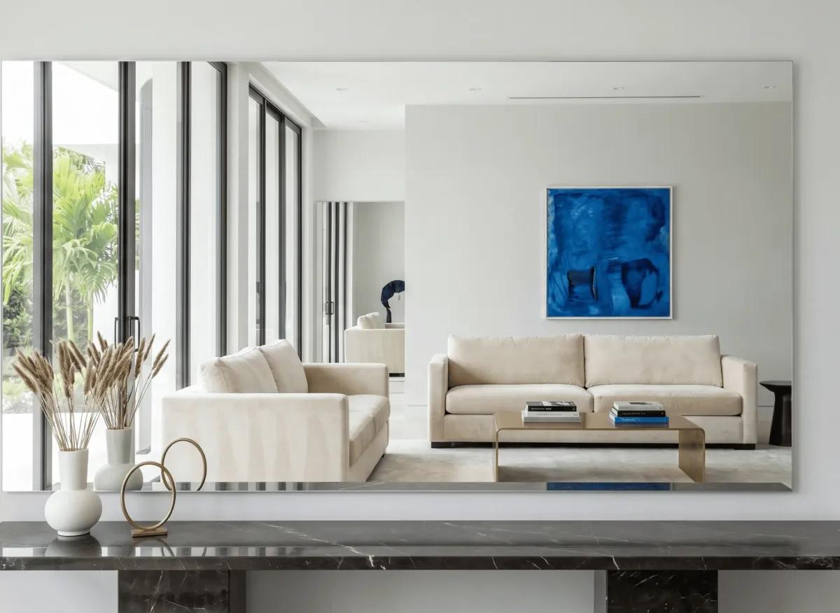 Ultra-clear low-iron decorative mirrors near me installed in a luxury living room