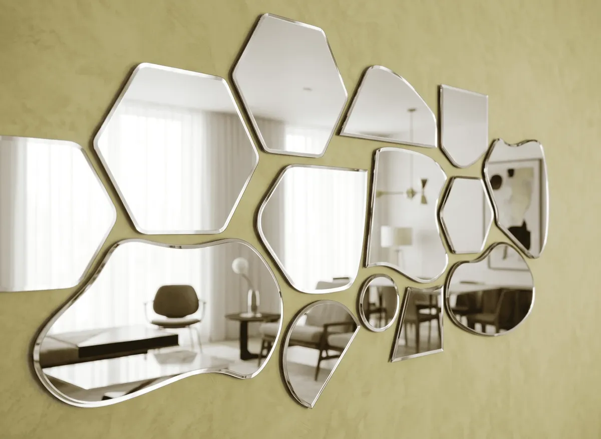 Modern hexagon-style deco mirror wall installation for a contemporary home