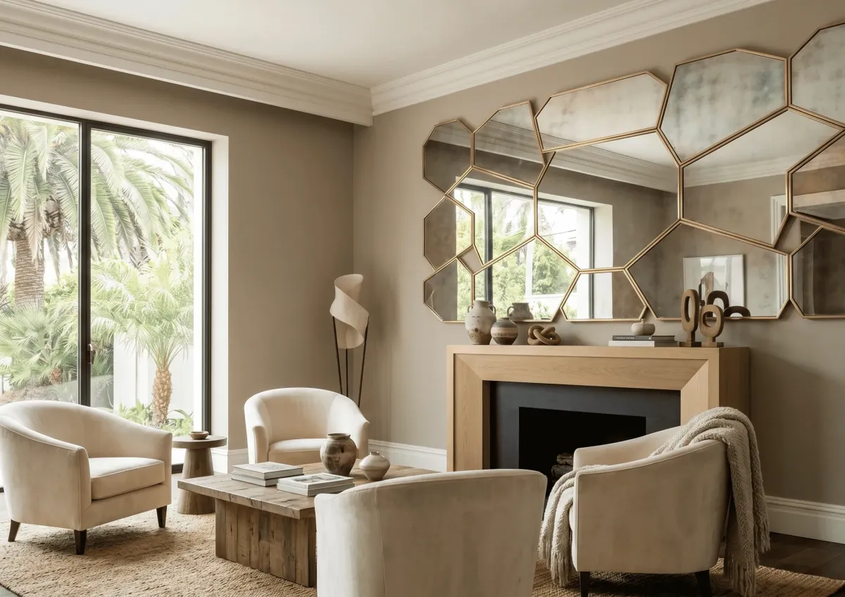 Large aesthetic wall mirror enhancing a coastal-style Naples living area