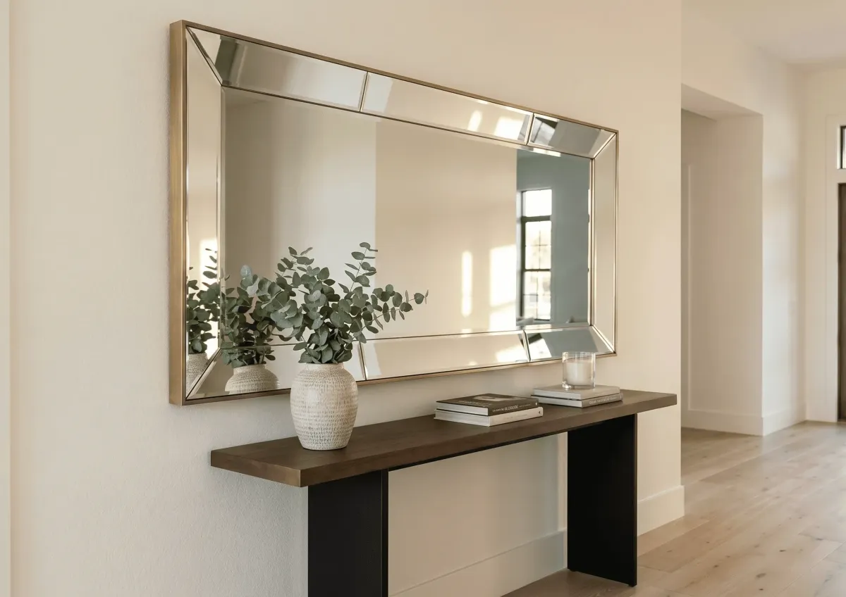 Sleek entryway decor mirror wall placed over a modern console table