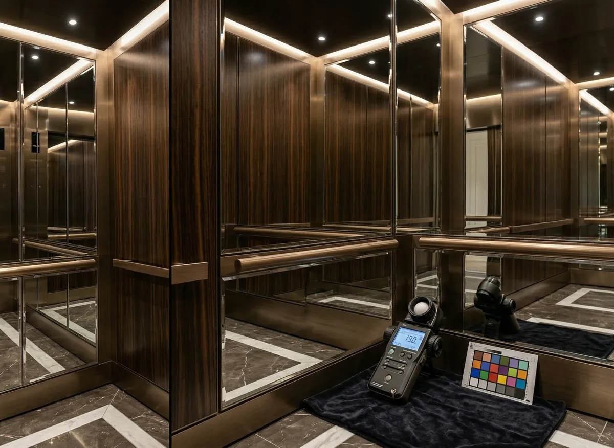 Final quality inspection of a newly installed elevator mirror for high-definition clarity