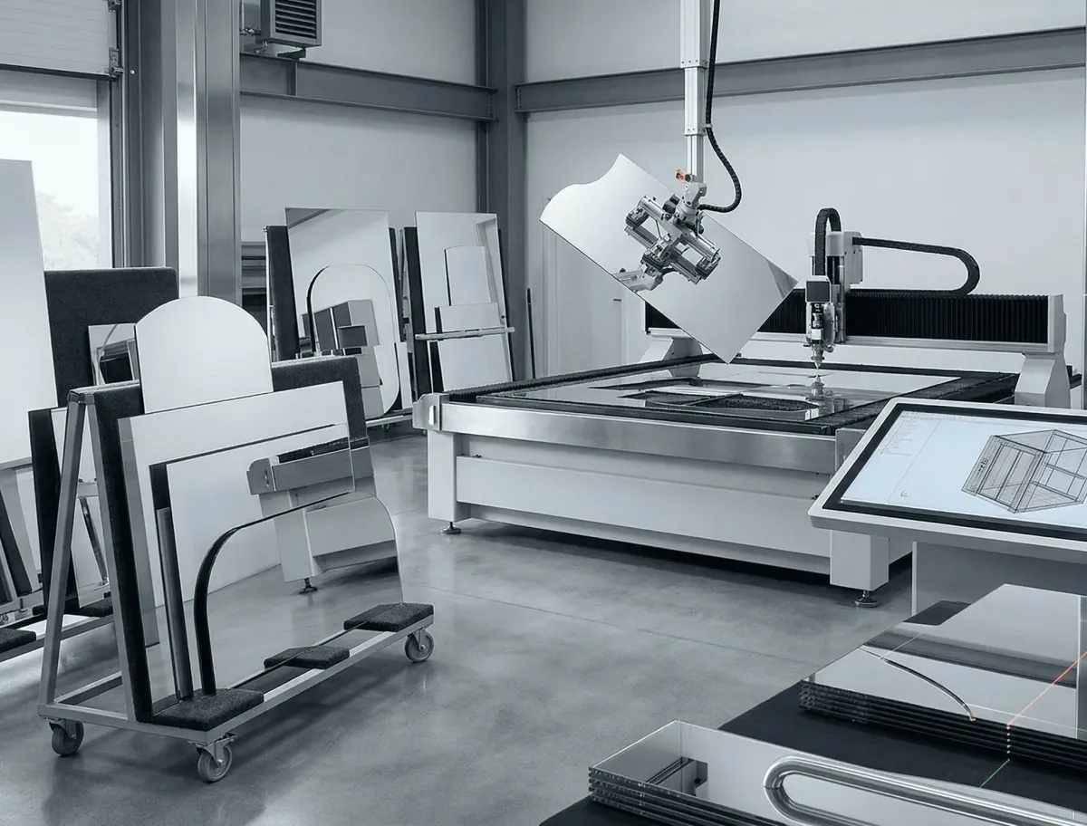 Custom-cut glass being prepared for a professional elevator mirror installation