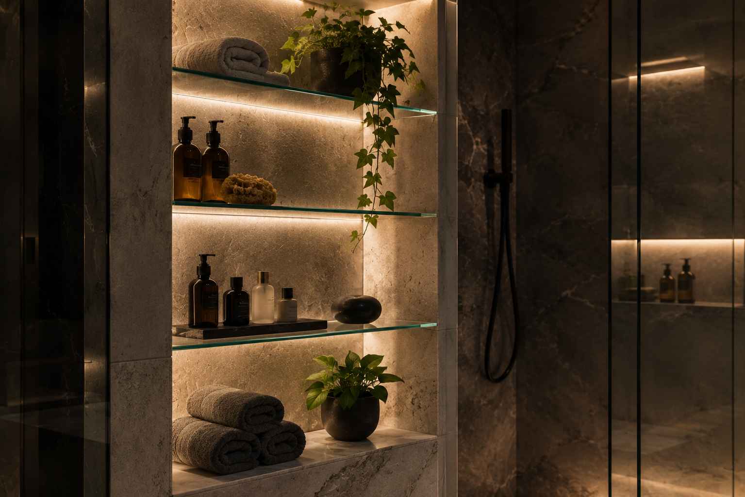 Custom glass shower shelves