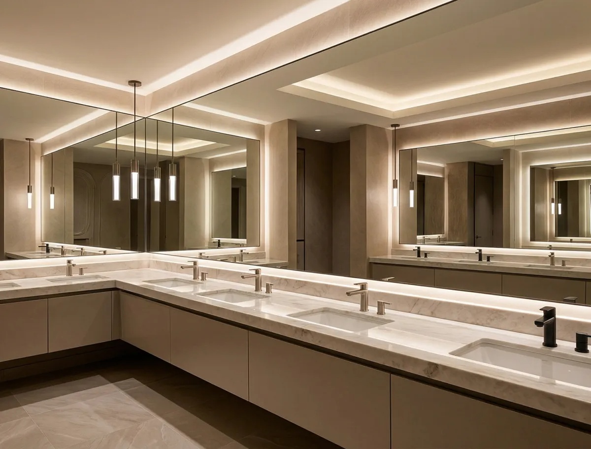 Large-scale full wall public restroom mirrors for high-traffic commercial environments