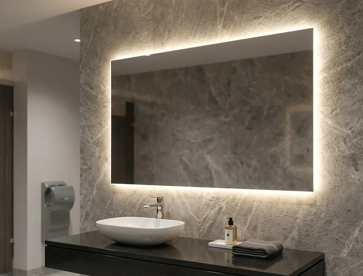 Custom LED backlit public restroom mirrors for a luxury commercial aesthetic