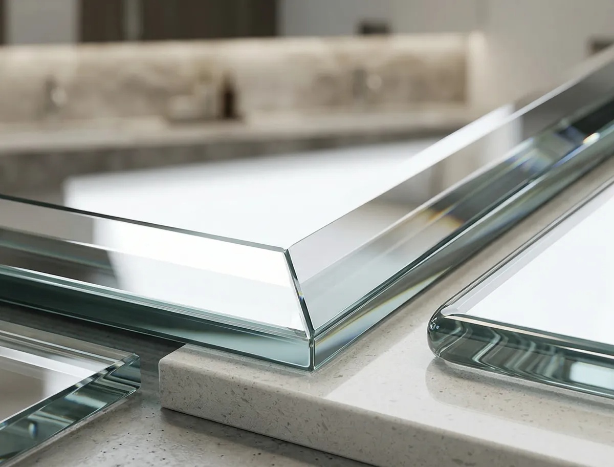 Detailed beveled and polished edges on premium public bathroom mirrors