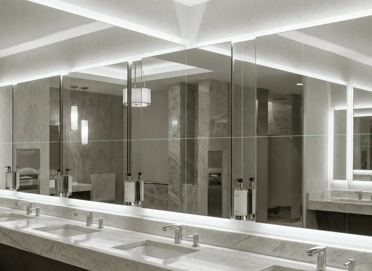 Final quality testing and inspection of a finished public bathroom mirror installation