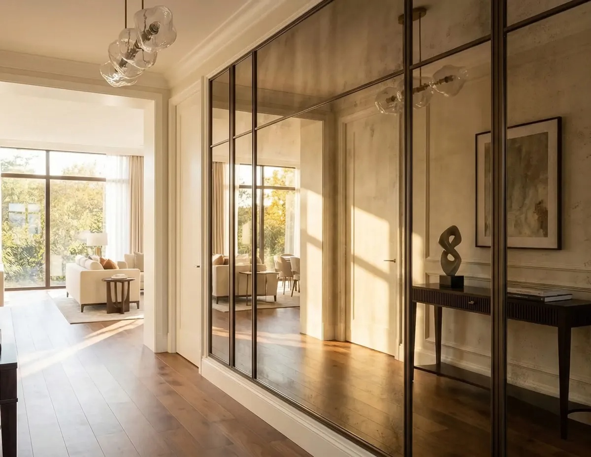 Residential sliding closet doors with integrated full-length mirrors