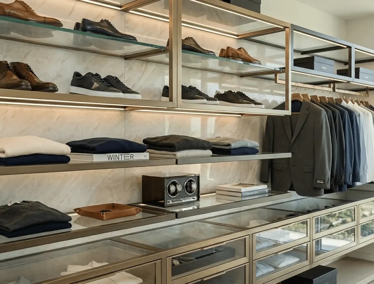 State-of-the-art organized luxury walk-in closet with custom shelving and storage
