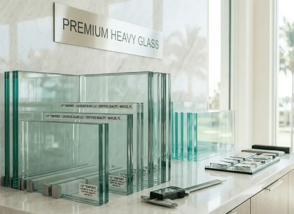 Close-up of high-quality architectural glass panels showing thick 3/8" and 1/2" polished edges