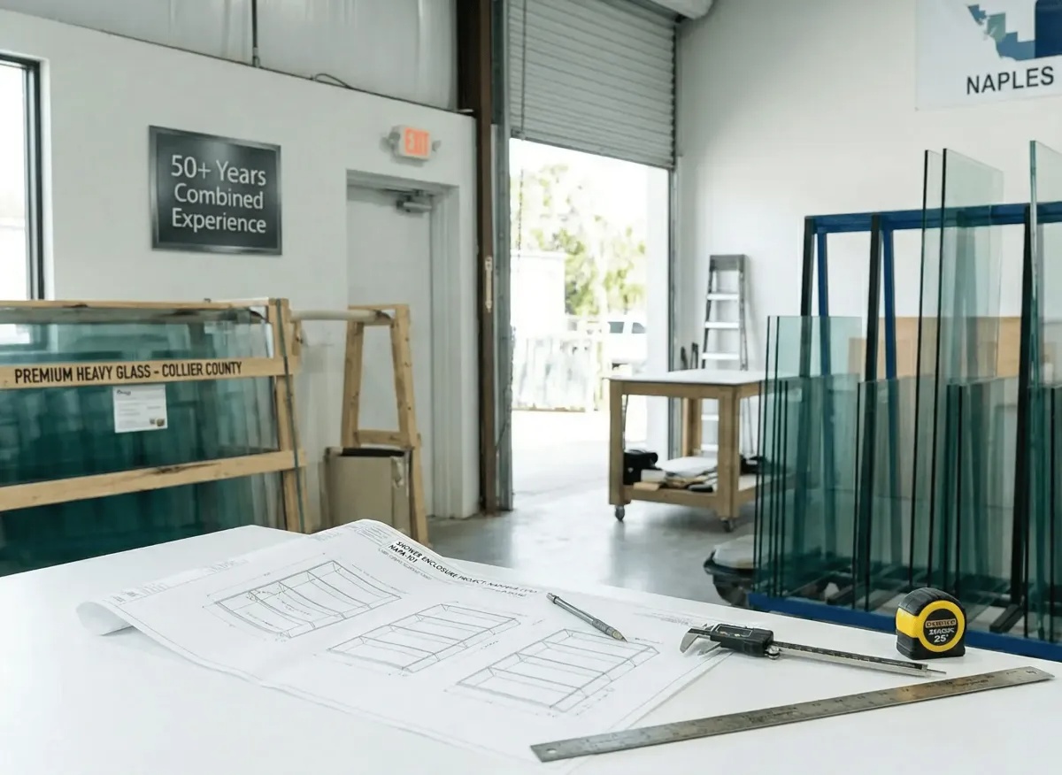 Professional glass fabrication technician working in a specialized workshop
