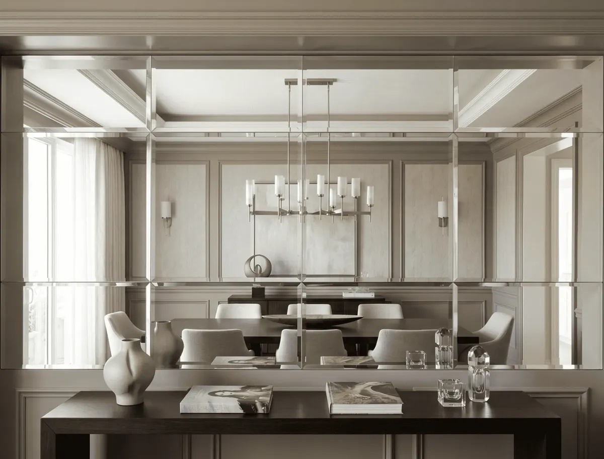 Custom-sized aesthetic wall mirror tailored for a luxury dining space