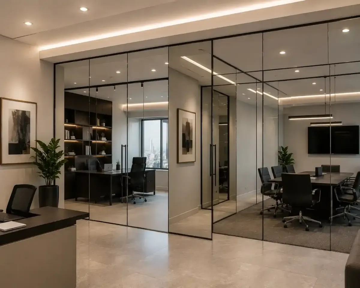 Glass partition with mirror
