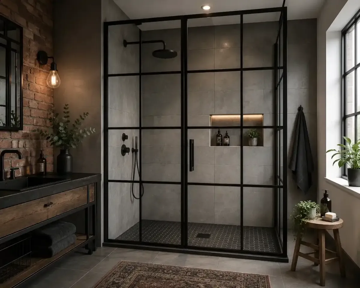 Black grid shower doors