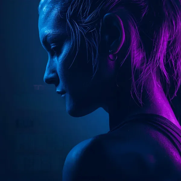 Profile of a female athlete covered in sweat, lit dramatically with blue and purple lighting against a dark background.