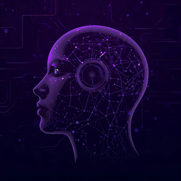 A futuristic digital illustration of a humanoid profile with glowing purple neural network lines and circuitry inside the head, symbolizing artificial intelligence and advanced cognitive technology.