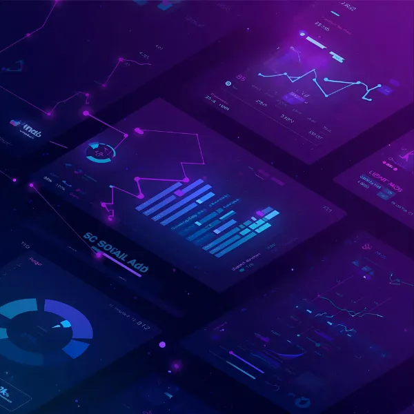 Futuristic digital analytics dashboards displayed in purple and blue neon tones, featuring graphs, charts, and data visualizations on a dark interface.