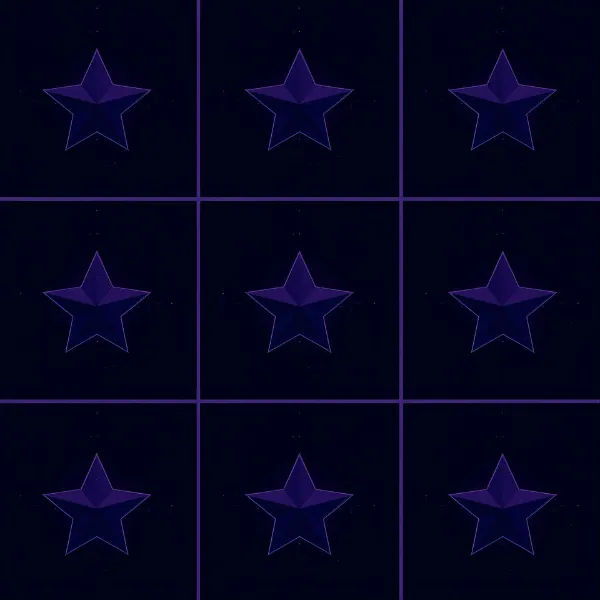 Grid layout of purple neon five-pointed stars on a dark background, arranged in three rows and three columns