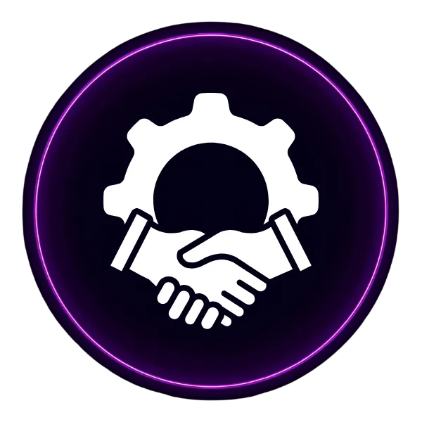 A dark purple circle with an icon that shows a gear and a handshake