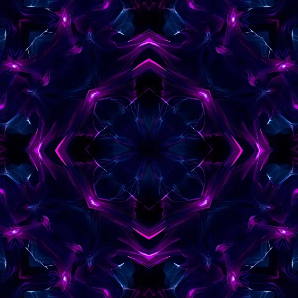 A symmetrical, kaleidoscope-style abstract pattern featuring sharp geometric shapes and swirling neon purple and blue light effects.