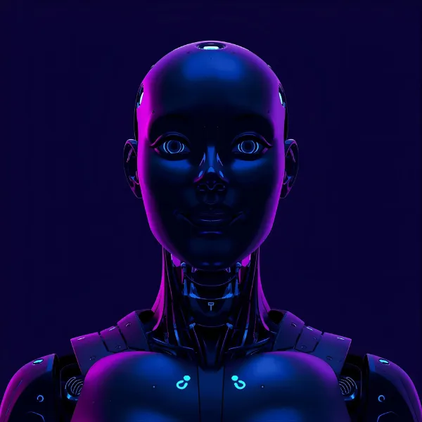 A futuristic humanoid robot with a smooth, glossy face illuminated by blue and purple neon light, looking directly forward against a dark background.