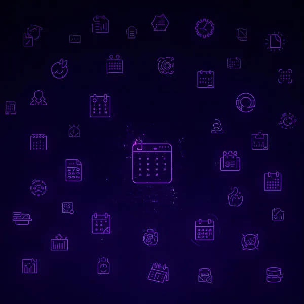 A glowing purple central calendar icon surrounded by many smaller calendar and scheduling-related icons arranged in a circular pattern against a dark digital background.