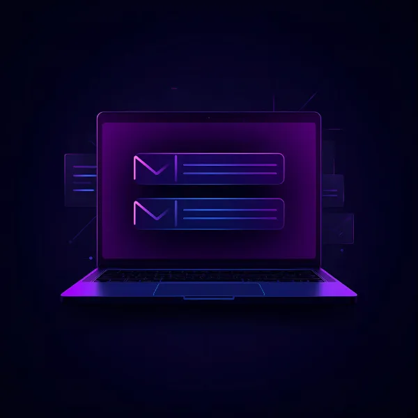 A glowing purple and blue illustration of a laptop displaying stylized email message icons on the screen, symbolizing digital communication or email management.