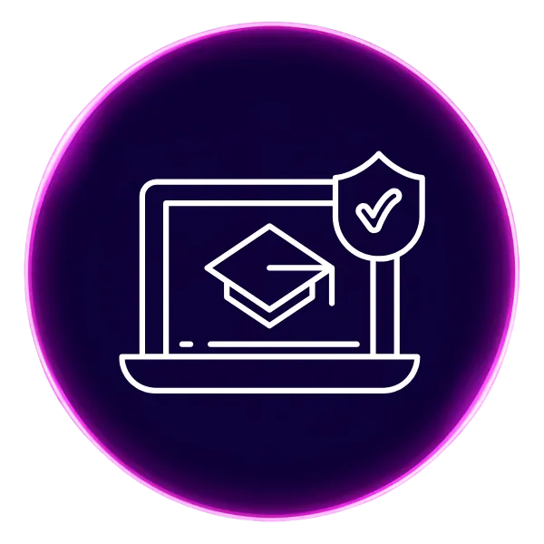 A purple circle with an icon in the middle that shows a laptop with a graduation cap and a checkmark in the middle