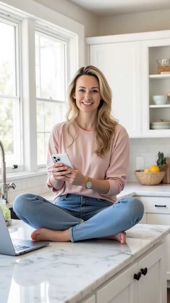 Sarah Baker, sitting cross-legged on a kitchen counter, holding a cell phone