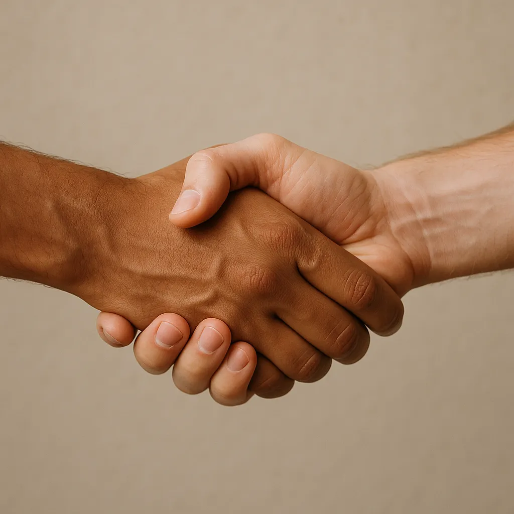 two men facing each other while shake hands and smiling