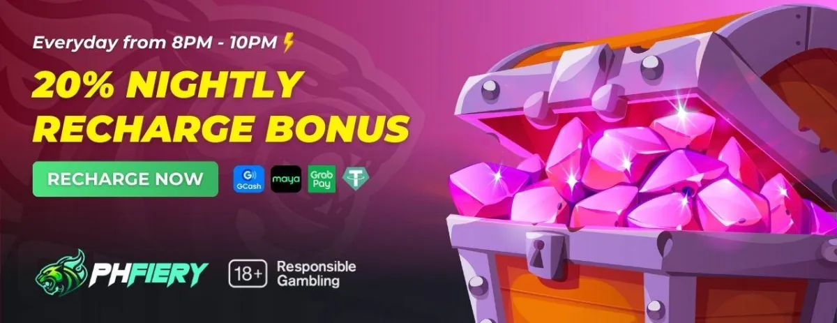 Phfiery showcasing a 20% recharge bonus promotion.