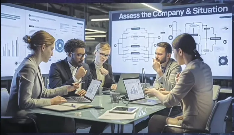 A modern chaotic workspace showing a stressed business owner at a cluttered desk with scattered papers and devices; executive styling and a high-trust professional tone.