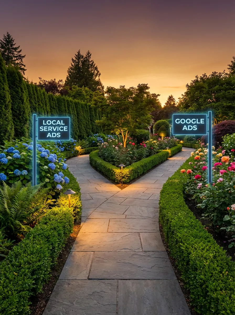 A fork in the road. The left choice goes to local service ads. The right goes to Google ads.