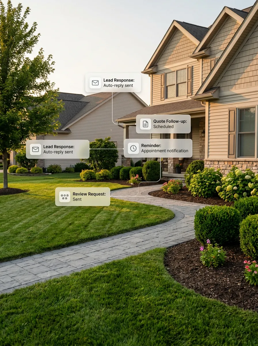 A beautifully landscaped yard in the Pacific Northwest. 5 star reviews from happy clients in simple graphics along the stone walkway.