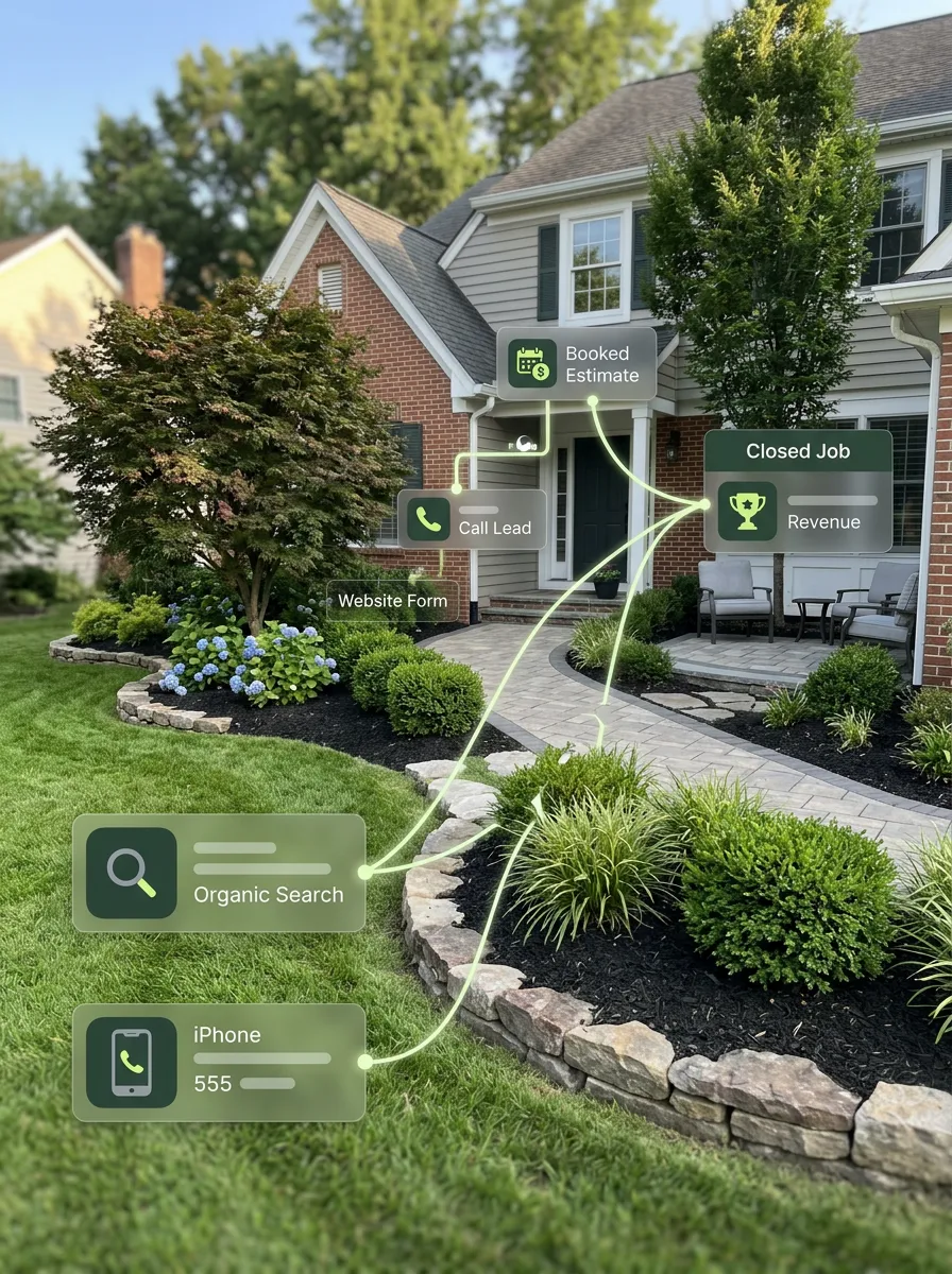 A beautifully landscaped yard in the Pacific Northwest. 5 star reviews from happy clients in simple graphics along the stone walkway.