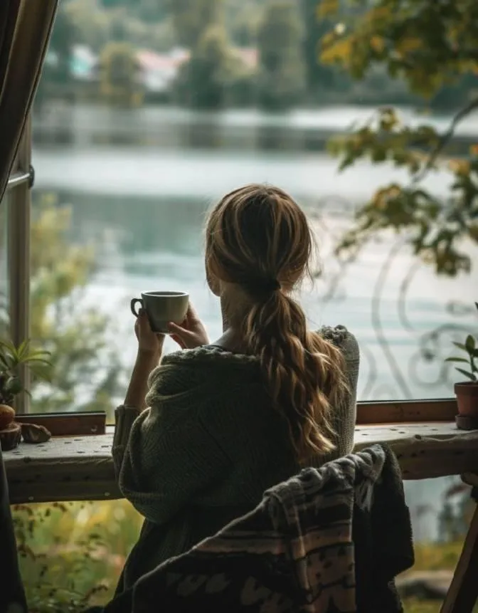 Woman looking out window at a lake, contemplative and drinking tea