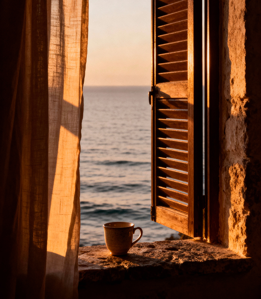 Open window with view over the sea and mug on window sill