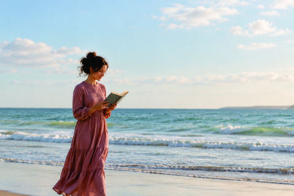 A woman in a long dusty-rose dress walks along a quiet beach while reading a book, surrounded by open sky and calm ocean.
