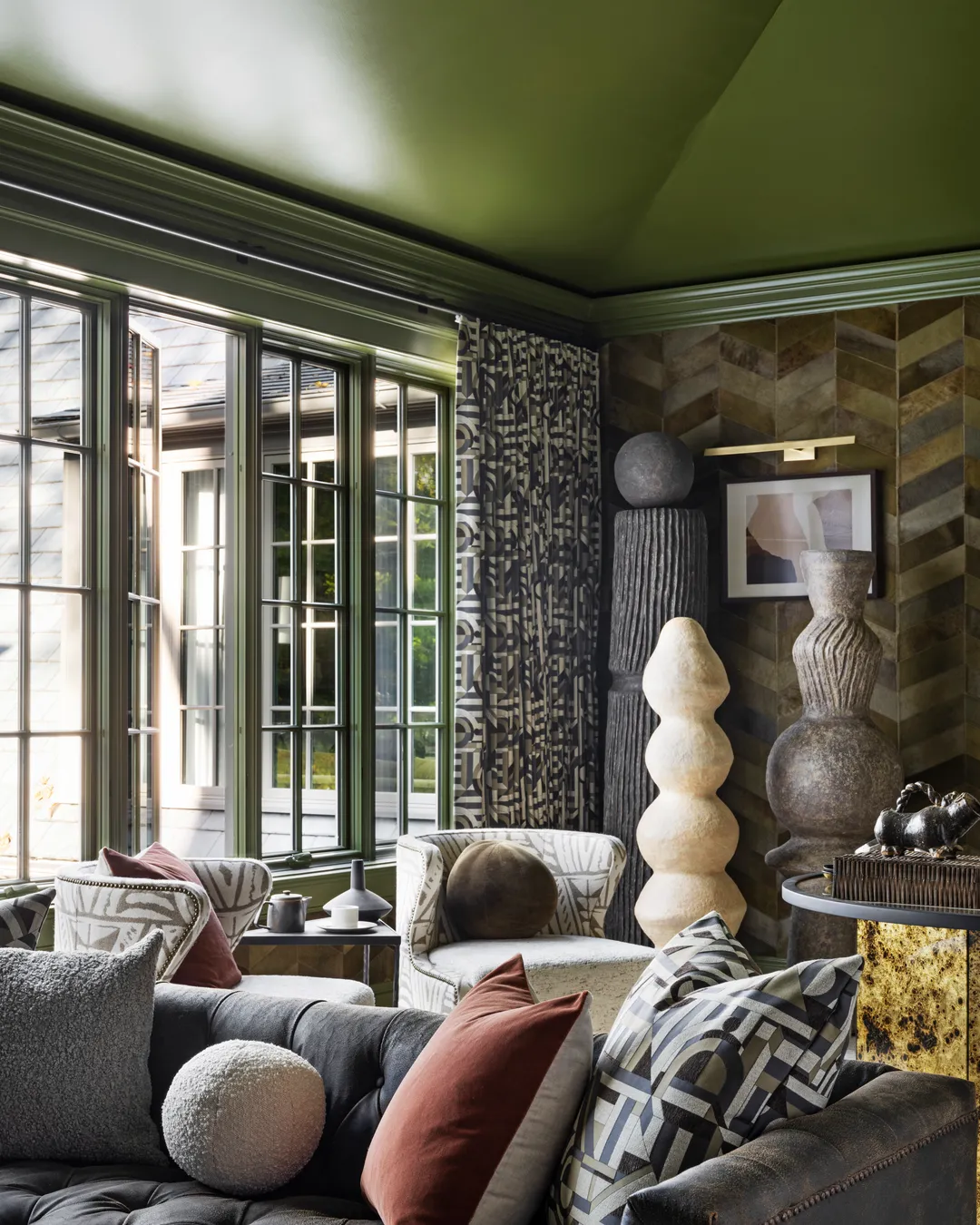 Beautiful custom painted window with aluminum grids and warm wood undertones that are custom painted 