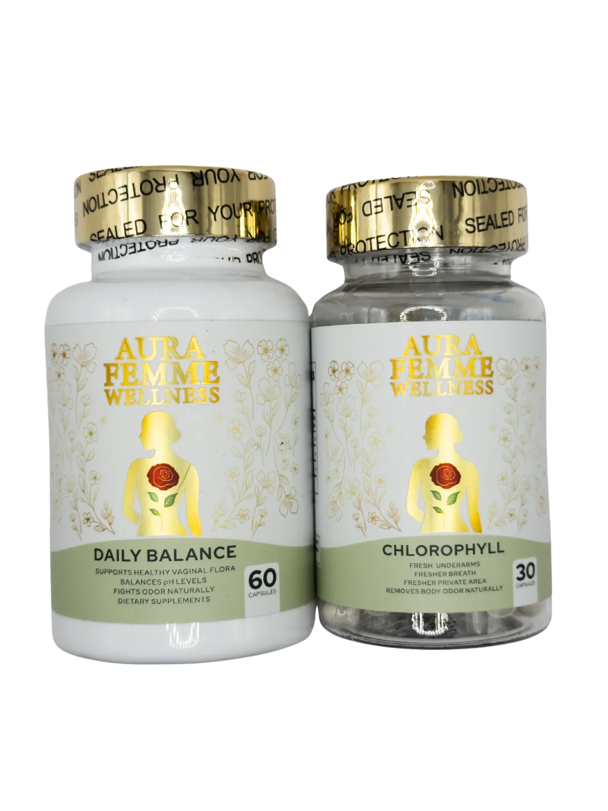 Aura Femme Wellness Bundle featuring Daily Balance and Chlorophyll supplements for women's wellness support.