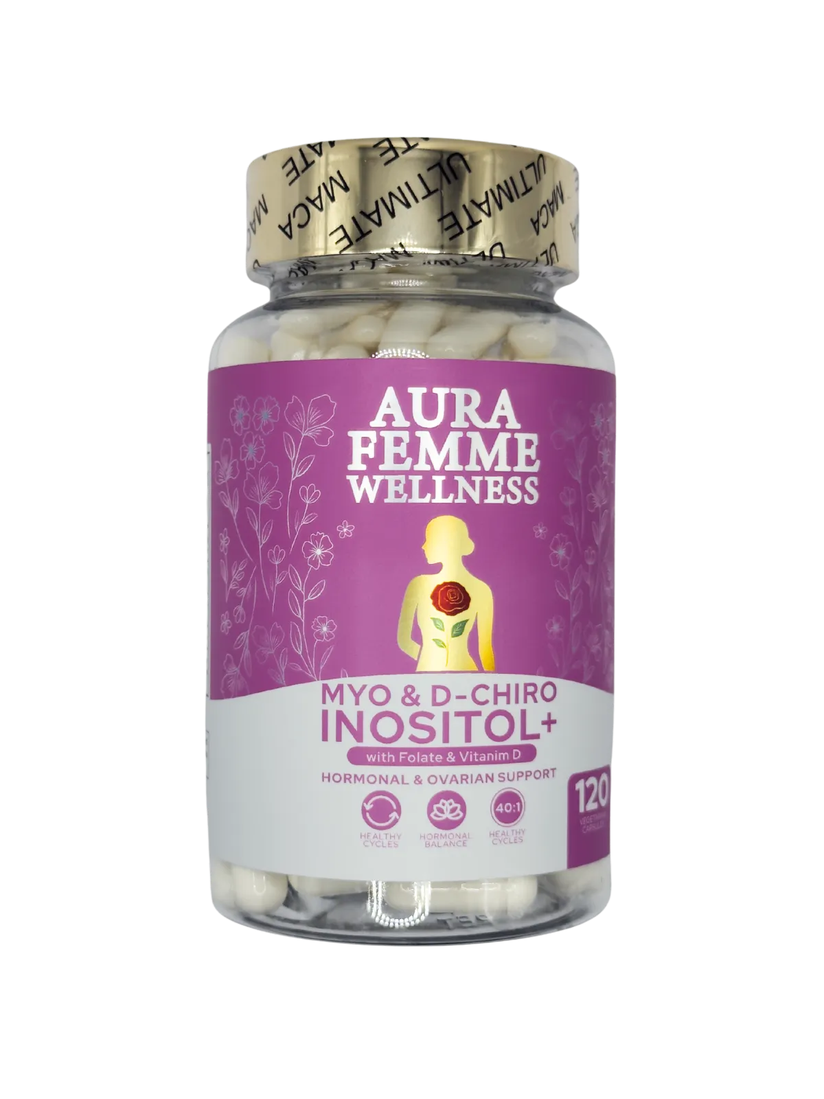 Aura Femme Myo & D-Chiro Inositol supplement formulated to support hormonal balance and women's wellness.